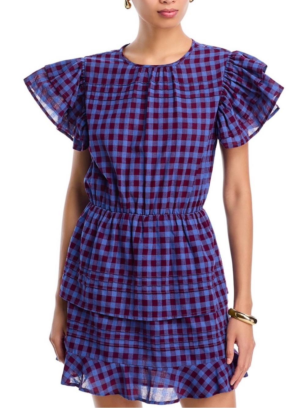 Aqua Blue and Burgundy Gingham Ruffle Dress